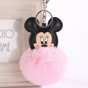 Mickey Mouse Light Pink Fluffy Pom Pom Keychain with Gold tone Accents